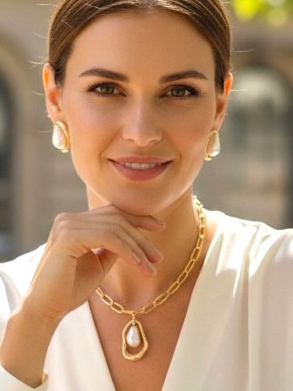 Camila Coelha 18" Gold Tone 18" Necklace Pearl Pendant Earring Set